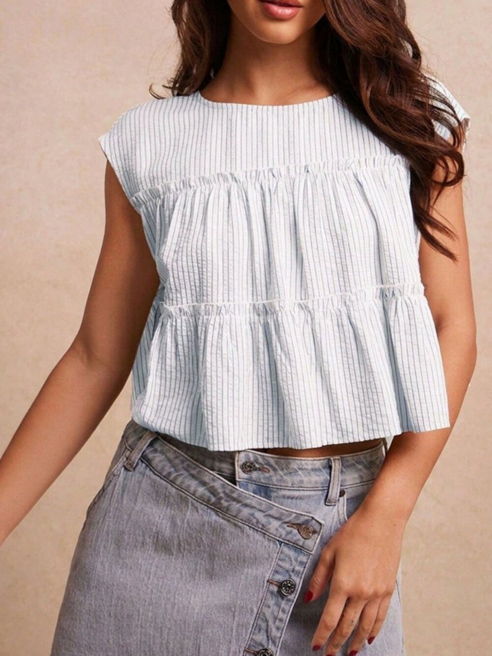 Blue And White Casual Women's Striped Woven Round Neck Cap Sleeve Ruffle Top - Picture 5 of 5